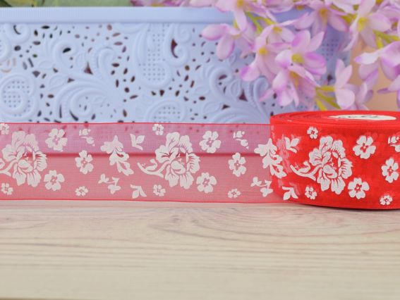 Декоративная лента Органза ширина 40 мм, №02 красная с белыми розами и цветами , 1 метр