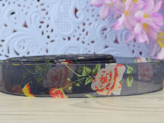 Лента Органза 25 мм, №02 черная с большой розой , 1 метр