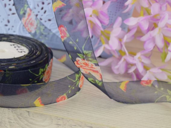 Декоративная лента Органза ширина 25 мм, черная  с большой розой , 1 метр