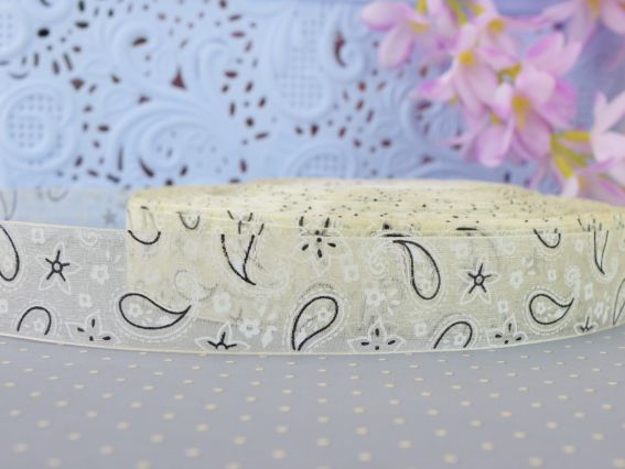Лента Органза 25 мм, №03 Пейсли молочная , 1 метр