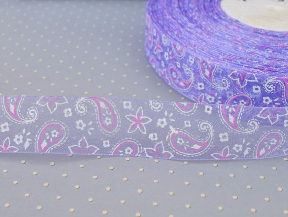 Лента Органза 25 мм, №03 Пейсли сиреневая, 1 метр