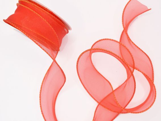 Лента Органза 40 мм, Красная с золотой обшивкой краев