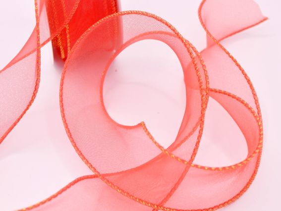Декоративная лента Органза ширина 40 мм, Красная с золотой обшивкой краев, 1 метр