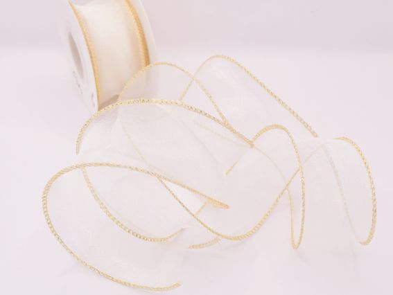 Декоративна стрічка Органза ширина 40 мм, Молочна з золотою обшивкою країв , 1 метр