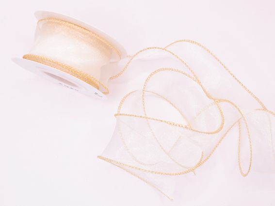 Лента Органза 40 мм, Молочная с золотой обшивкой краев