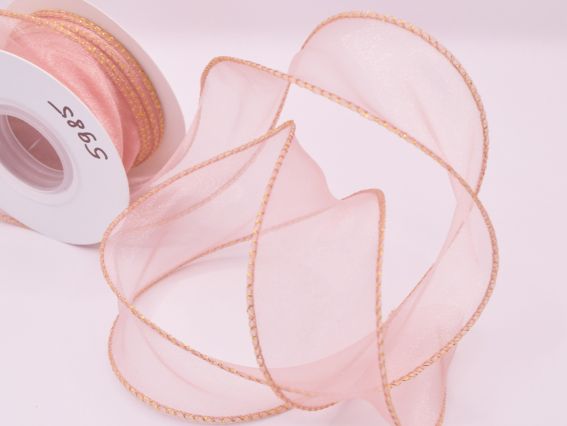 Декоративная лента Органза ширина 40 мм, Светло Розовая с золотой обшивкой краев, 1 метр