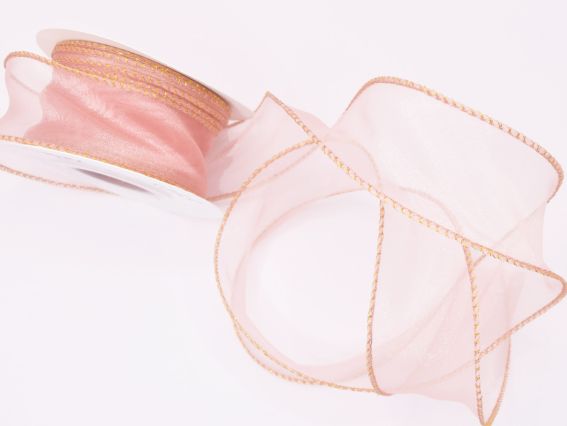 Лента Органза 40 мм, Светло Розовая с золотой обшивкой краев