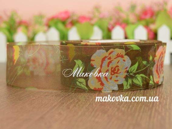 Лента Органза 40 мм, №01 коричневая с большой розой , 1 метр Лента Органза 40 мм, №01 коричневая с большой розой , 1 метр