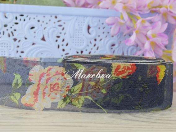 Лента Органза 40 мм, №01 черная с большой розой , 1 метр