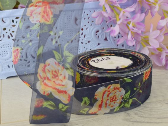 Декоративна стрічка Органза ширина 40 мм, чорна з великою трояндою, 1 метр