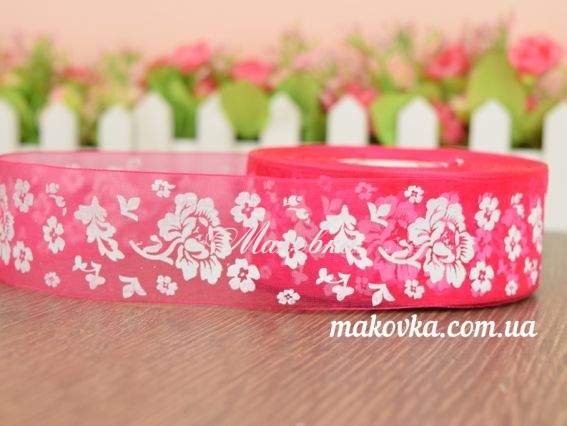 Лента Органза 40 мм, №02 малиновая с белыми розами и цветами , 1 метр Лента Органза 40 мм, №02 малиновая с белыми розами и цветами , 1 метр