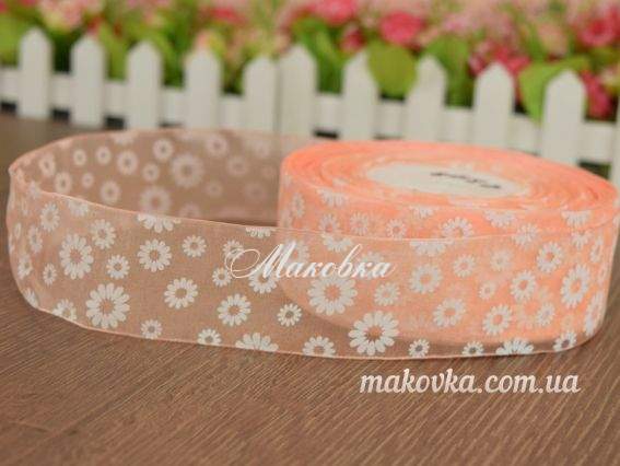 Лента Органза 40 мм, №03 персиковая с белыми ромашками , 1 метр Лента Органза 40 мм, №03 персиковая с белыми ромашками , 1 метр