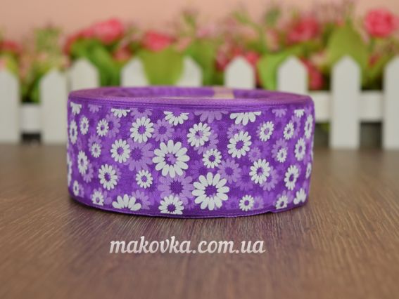 Декоративная лента Органза ширина 40 мм, №03 фиолетовая с белыми ромашками , 1 метр
