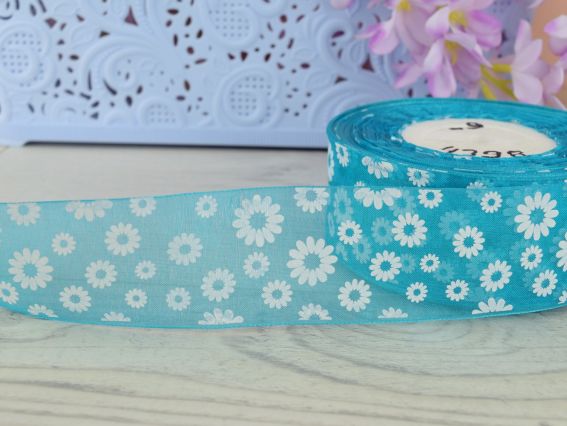 Декоративна стрічка Органза ширина 40 мм, №03 бірюзова з білими ромашками, 1 метр