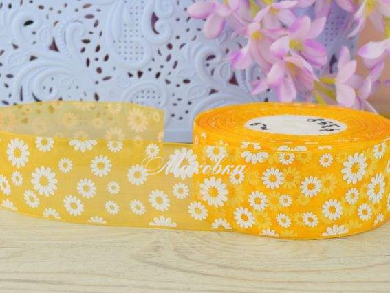 Лента Органза 40 мм, №03 Желтая с белыми ромашками , 1 метр