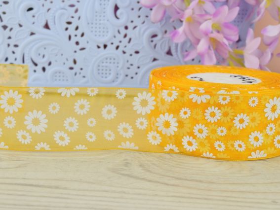 Декоративная лента Органза ширина 40 мм, №03 Желтая с белыми ромашками , 1 метр