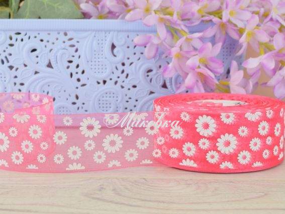 Лента Органза 40 мм, №03 Малиновая с белыми ромашками , 1 метр