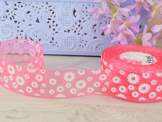 Декоративная лента Органза ширина 40 мм, №03 Малиновая с белыми ромашками , 1 метр