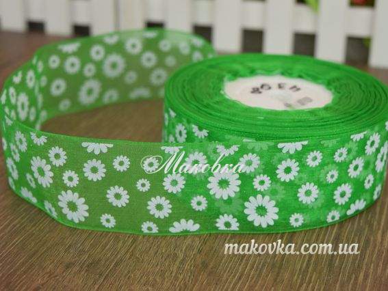 Лента Органза 40 мм, №03 зеленая с белыми ромашками , 1 метр Лента Органза 40 мм, №03 зеленая с белыми ромашками , 1 метр
