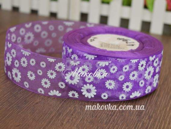 Лента Органза 40 мм, №03 фиолетовая с белыми ромашками , 1 метр