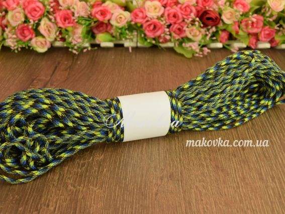 Шнур парашютный 330 , толщина 4мм, черный с синим и флюо. желтым, 7 жил. 31м/шт