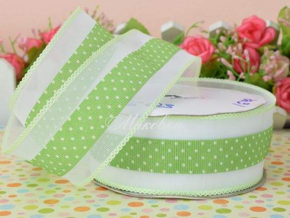 Репсовая лента 38мм №5603 горошек с широким бордюром, САЛАТОВАЯ, 1 метр