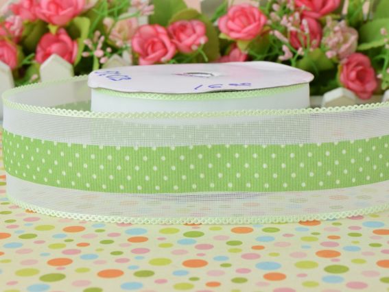 Лента с рисунком ширина 38 мм горошек с бордюром, САЛАТОВАЯ, 1 метр