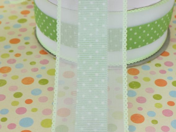 Лента с рисунком ширина 38 мм горошек с бордюром, САЛАТОВАЯ, 1 метр