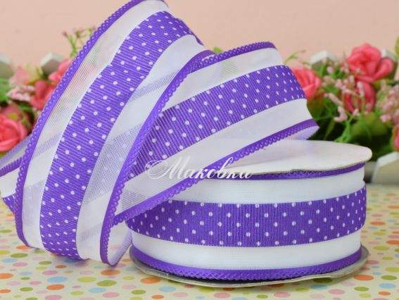 Репсовая лента 38мм №5603 горошек с широким бордюром, ФИОЛЕТОВАЯ, 1 метр