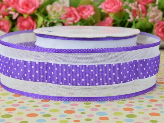 Лента с рисунком ширина 38 мм горошек с бордюром, ФИОЛЕТОВАЯ, 1 метр
