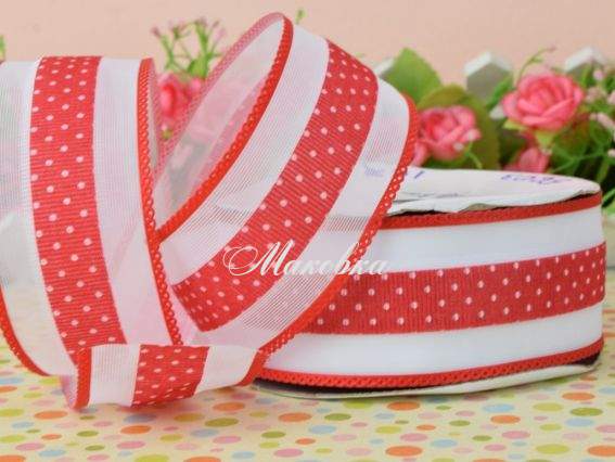 Репсовая лента 38мм №5603 горошек с широким бордюром, КРАСНАЯ, 1 метр