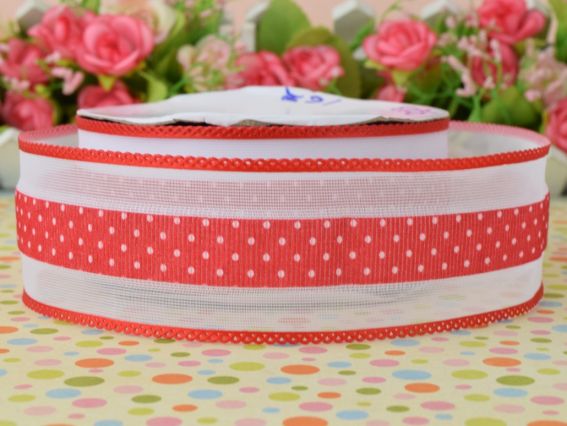 Лента с рисунком ширина 38 мм горошек с бордюром, КРАСНАЯ, 1 метр