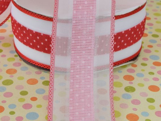 Лента с рисунком ширина 38 мм горошек с бордюром, КРАСНАЯ, 1 метр