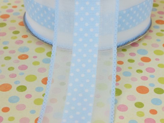 Лента с рисунком ширина 38 мм горошек с бордюром, ГОЛУБАЯ, 1 метр