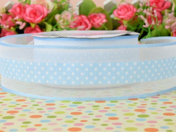 Лента с рисунком ширина 38 мм горошек с бордюром, ГОЛУБАЯ, 1 метр