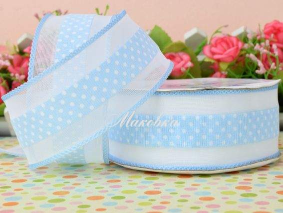 Репсовая лента 38мм №5603 горошек с широким бордюром, ГОЛУБАЯ, 1 метр Репсовая лента 38мм №5603 горошек с широким бордюром, ГОЛУБАЯ, 1 метр