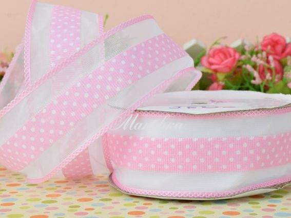 Репсова стрічка 38мм №5603 горошок з широким бордюром, Світло РОЖЕВА, 1 метр Репсова стрічка 38мм №5603 горошок з широким бордюром, Світло РОЖЕВА, 1 метр
