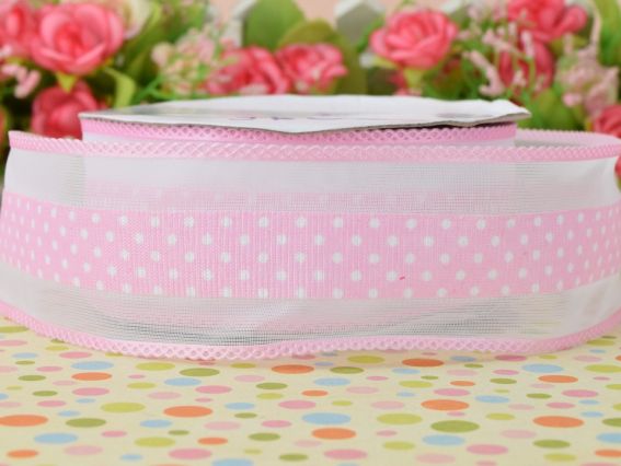 Стрічка з малюнком ширина 38 мм горошок з бордюром, Світло РОЖЕВА, 1 метр