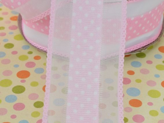 Стрічка з малюнком ширина 38 мм горошок з бордюром, Світло РОЖЕВА, 1 метр