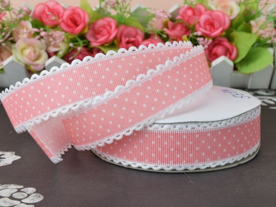 Репсовая лента 25мм №5604 белый горошек с ажурным бордюром, Светло ПЕРСИКОВАЯ, 1 метр