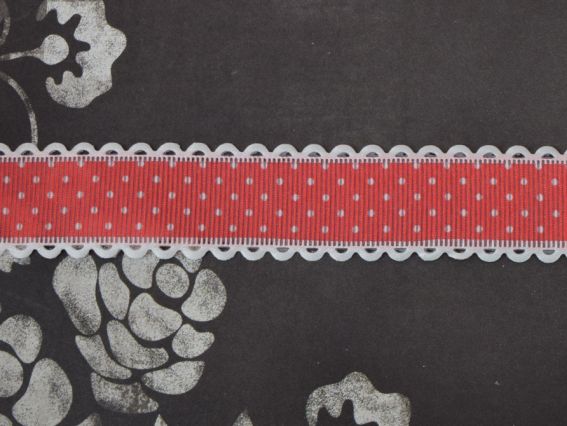 Лента с рисунком ширина 38 мм КОРАЛЛОВАЯ в белый горошек с ажурным бордюром, , 1 метр