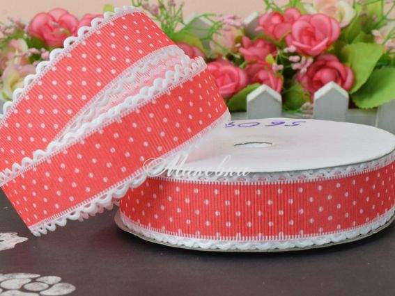 Репсовая лента 25мм №5604 белый горошек с ажурным бордюром, КОРАЛЛОВАЯ, 1 метр