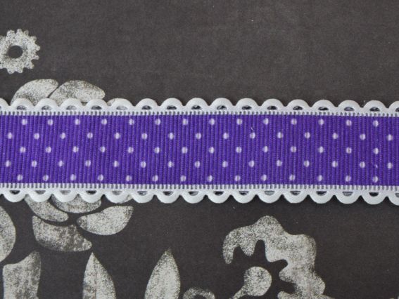 Стрічка №5604 ФІОЛЕТОВА з білим горошком ширина 25мм з ажурним бордюром, , 1 метр