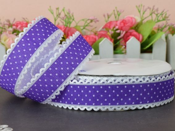 Репсовая лента 25мм №5604 белый горошек с ажурным бордюром, ФІОЛЕТОВА, 1 метр