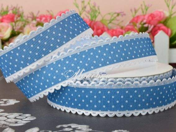 Репсова стрічка 25 мм №5604 білий горошок з ажурним бордюром, БЛАКИТНА, 1 метр Репсова стрічка 25 мм №5604 білий горошок з ажурним бордюром, БЛАКИТНА, 1 метр