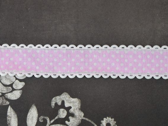 Лента с рисунком ширина 38 мм Светло РОЗОВАЯ в белый горошек с ажурным бордюром, 1 метр