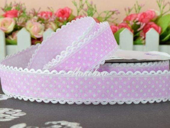 Репсовая лента 25мм №5604 белый горошек с ажурным бордюром, Светло РОЗОВАЯ, 1 метр