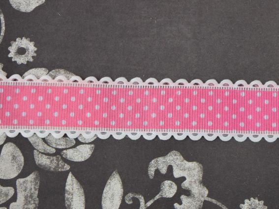 Лента с рисунком ширина 38 мм Насыщенный РОЗОВЫЙ в белый горошек с ажурным бордюром, 1 метр