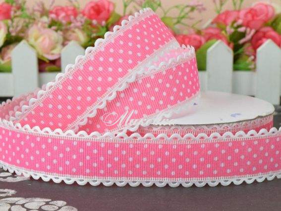 Репсовая лента 25мм №5604 белый горошек с ажурным бордюром, Насыщенный РОЗОВЫЙ, 1 метр