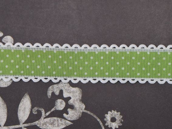 Стрічка №5604 ЗЕЛЕНА з білим горошком ширина 25мм з ажурним бордюром, 1 метр